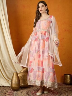 Pink Chinon Straight Kurta Palazzo Set with Dupatta & Embroidery