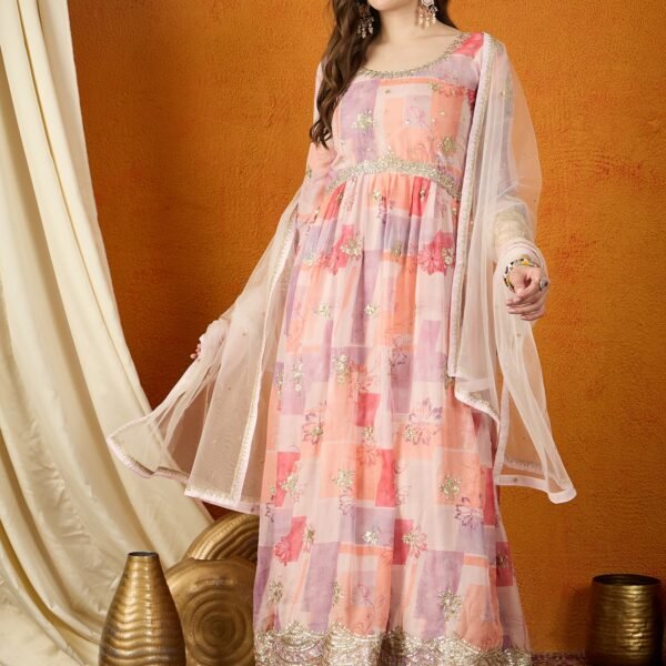 Pink Chinon Straight Kurta Palazzo Set with Dupatta & Embroidery