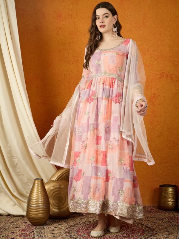 Pink Chinon Straight Kurta Palazzo Set with Dupatta & Embroidery