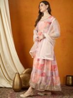 Pink Chinon Straight Kurta Palazzo Set with Dupatta & Embroidery