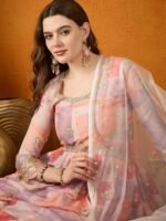 Pink Chinon Straight Kurta Palazzo Set with Dupatta & Embroidery