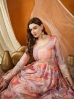 Pink Chinon Straight Kurta Palazzo Set with Dupatta & Embroidery