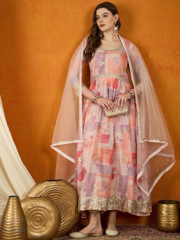 Pink Chinon Straight Kurta Palazzo Set with Dupatta & Embroidery