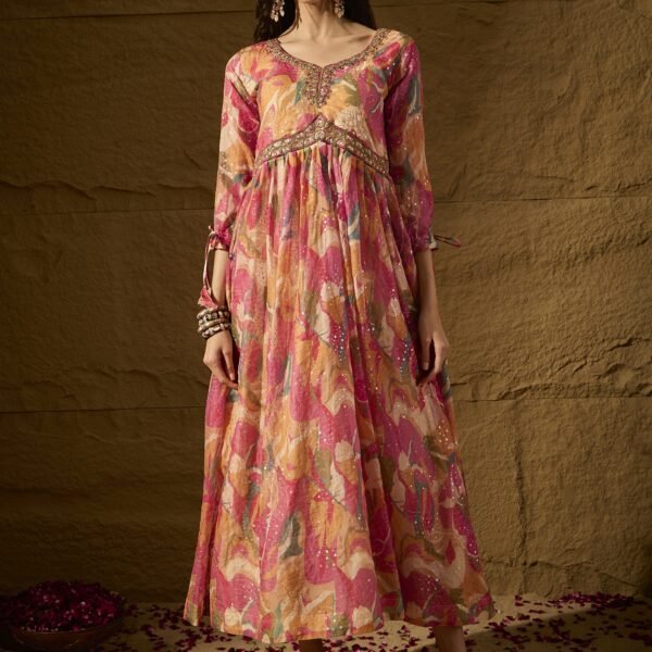 Pink Embroidered TP Silk Anarkali Gown Dress with Net Dupatta