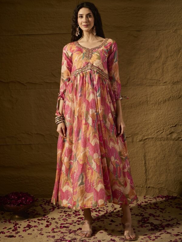 Pink Embroidered TP Silk Anarkali Gown Dress with Net Dupatta