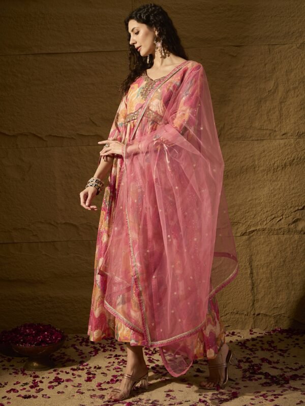 Pink Embroidered TP Silk Anarkali Gown Dress with Net Dupatta