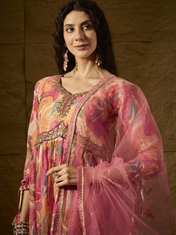 Pink Embroidered TP Silk Anarkali Gown Dress with Net Dupatta