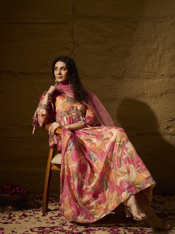 Pink Embroidered TP Silk Anarkali Gown Dress with Net Dupatta