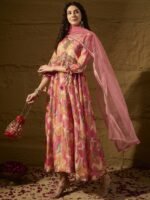 Pink Embroidered TP Silk Anarkali Gown Dress with Net Dupatta