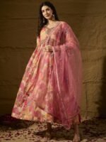 Pink Embroidered TP Silk Anarkali Gown Dress with Net Dupatta