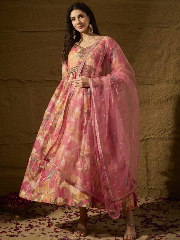 Pink Embroidered TP Silk Anarkali Gown Dress with Net Dupatta