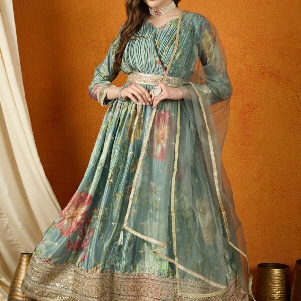 Green Embroidered Chinon Anarkali Gown with Lace Dupatta