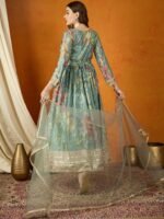 Green Embroidered Chinon Anarkali Gown with Lace Dupatta