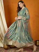 Green Embroidered Chinon Anarkali Gown with Lace Dupatta