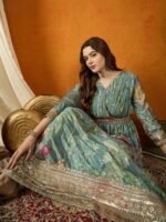 Green Embroidered Chinon Anarkali Gown with Lace Dupatta