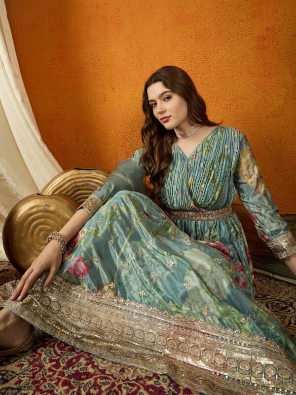 Green Embroidered Chinon Anarkali Gown with Lace Dupatta