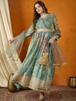 Green Embroidered Chinon Anarkali Gown with Lace Dupatta