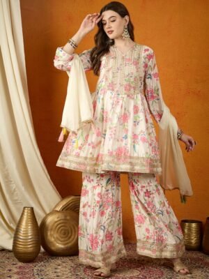 Cream Embroidered Chinon Anarkali Kurta Sharara with Dupatta