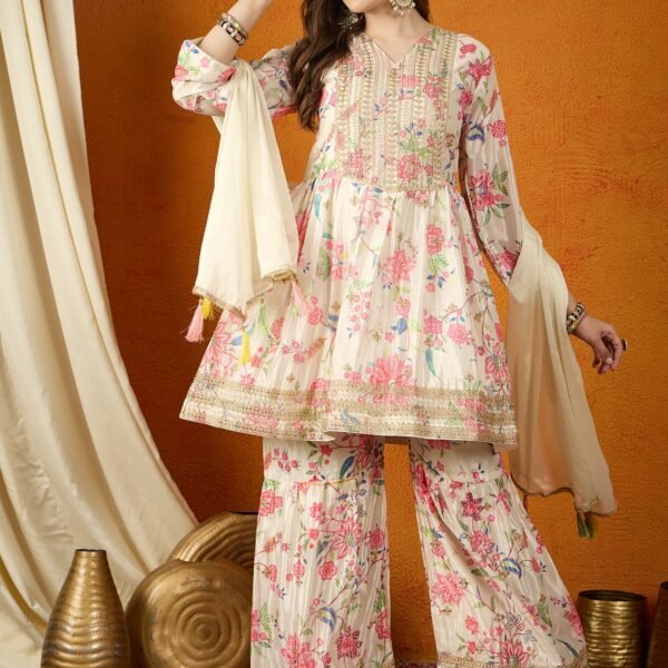 Cream Embroidered Chinon Anarkali Kurta Sharara with Dupatta