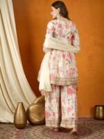 Cream Embroidered Chinon Anarkali Kurta Sharara with Dupatta