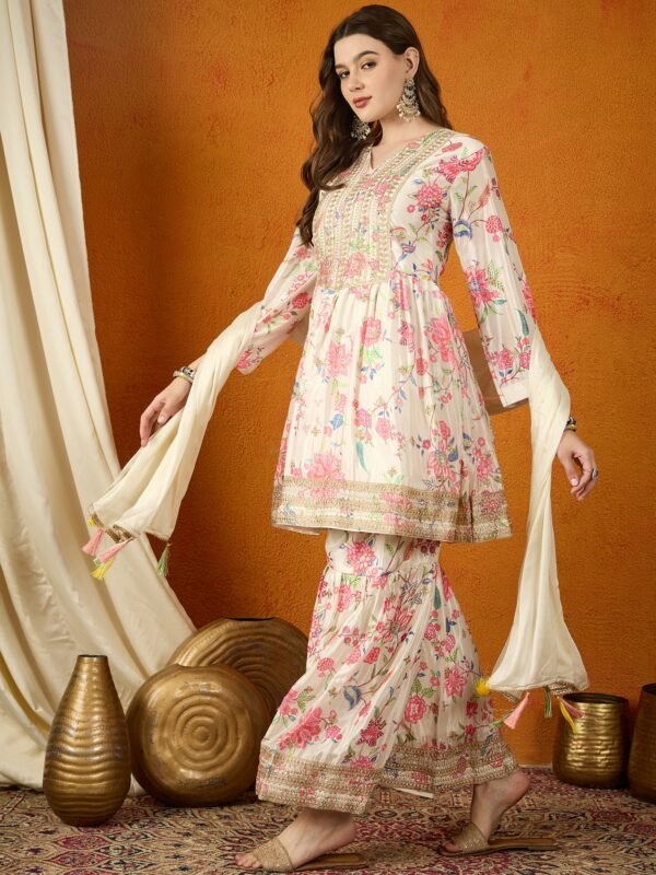 Cream Embroidered Chinon Anarkali Kurta Sharara with Dupatta