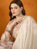 Cream Embroidered Chinon Anarkali Kurta Sharara with Dupatta