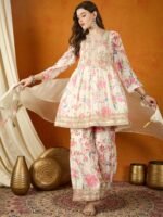 Cream Embroidered Chinon Anarkali Kurta Sharara with Dupatta