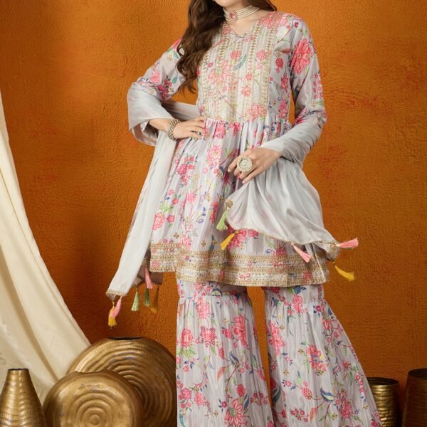 Grey Embroidered Chinon Anarkali Kurta Sharara with Dupatta