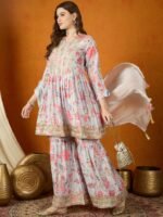 Grey Embroidered Chinon Anarkali Kurta Sharara with Dupatta