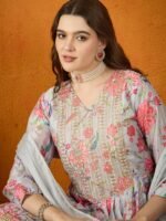 Grey Embroidered Chinon Anarkali Kurta Sharara with Dupatta