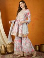 Grey Embroidered Chinon Anarkali Kurta Sharara with Dupatta