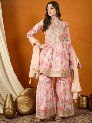 Peach Embroidered Chinon Anarkali Kurta Sharara with Dupatta