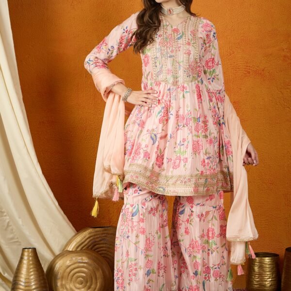 Peach Embroidered Chinon Anarkali Kurta Sharara with Dupatta