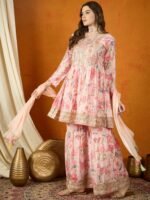 Peach Embroidered Chinon Anarkali Kurta Sharara with Dupatta