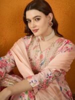 Peach Embroidered Chinon Anarkali Kurta Sharara with Dupatta