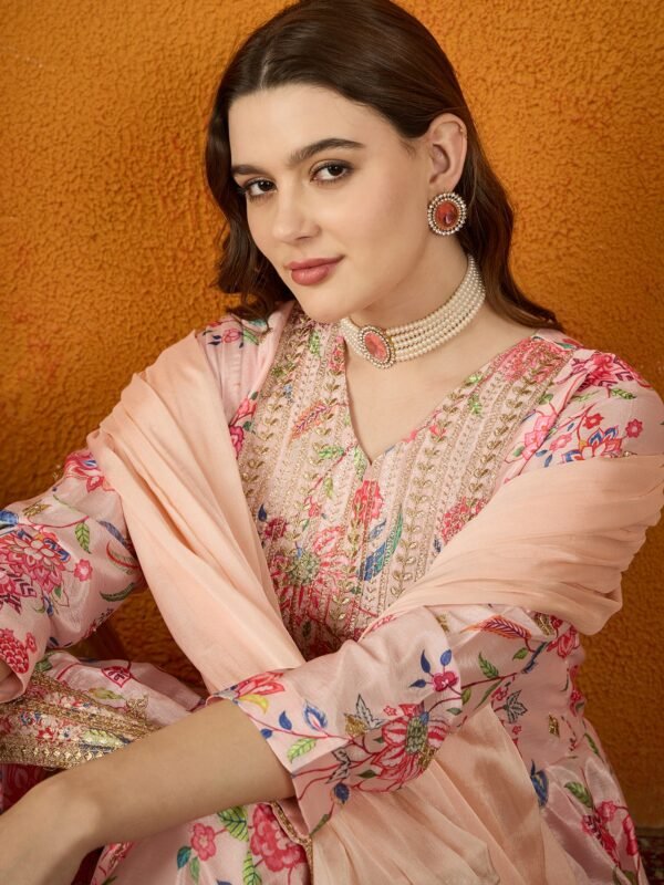 Peach Embroidered Chinon Anarkali Kurta Sharara with Dupatta
