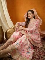 Peach Embroidered Chinon Anarkali Kurta Sharara with Dupatta