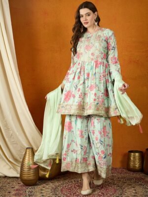 Pista Embroidered Chinon Anarkali Kurta Sharara with Dupatta