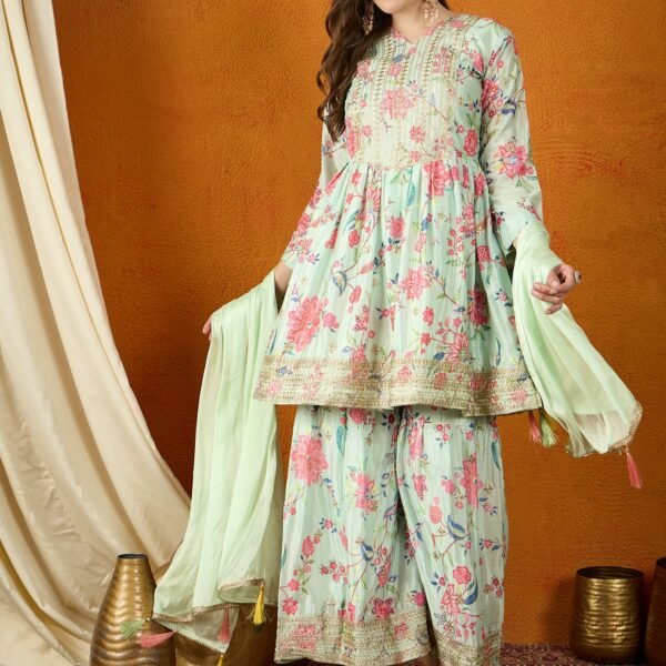 Pista Embroidered Chinon Anarkali Kurta Sharara with Dupatta