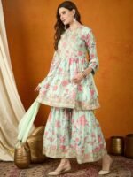 Pista Embroidered Chinon Anarkali Kurta Sharara with Dupatta