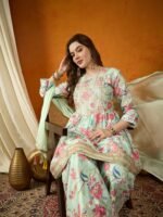Pista Embroidered Chinon Anarkali Kurta Sharara with Dupatta