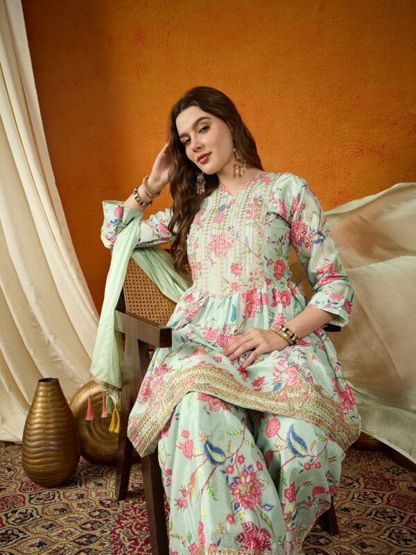 Pista Embroidered Chinon Anarkali Kurta Sharara with Dupatta