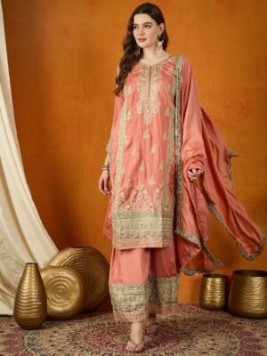 Peach Chinon Embroidered Kurta Palazzo Set with Dupatta