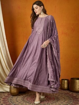 Purple Chinon Embroidered Anarkali Gown with Dupatta