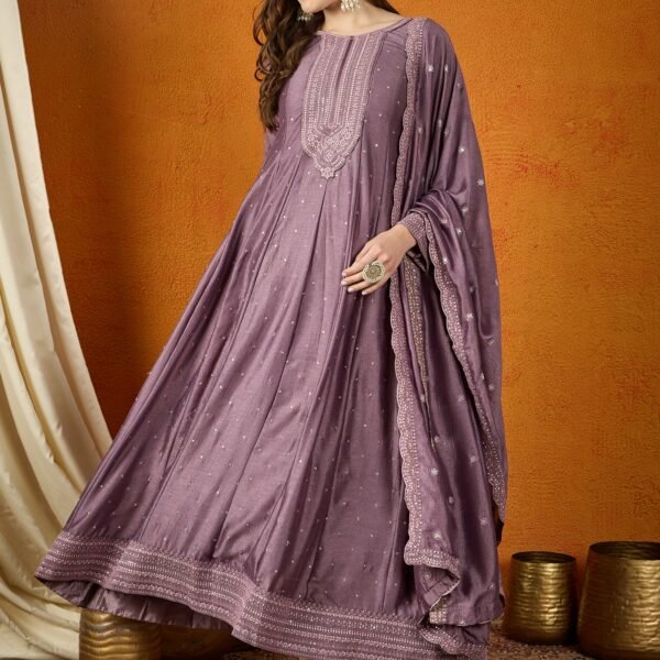 Purple Chinon Embroidered Anarkali Gown with Dupatta