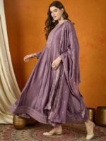 Purple Chinon Embroidered Anarkali Gown with Dupatta