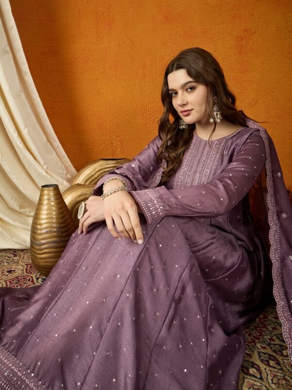 Purple Chinon Embroidered Anarkali Gown with Dupatta