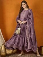 Purple Chinon Embroidered Anarkali Gown with Dupatta