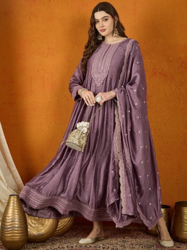 Purple Chinon Embroidered Anarkali Gown with Dupatta