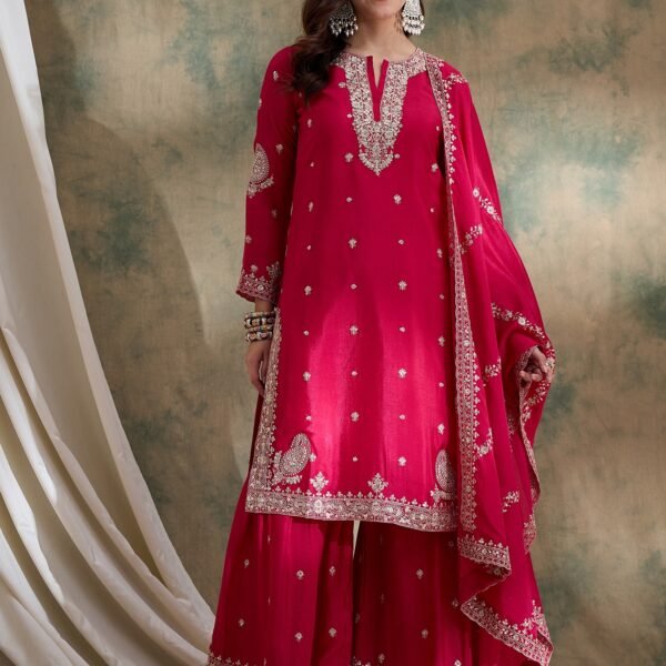 Pink Chinon Embroidered Kurta Sharara Set with Dupatta